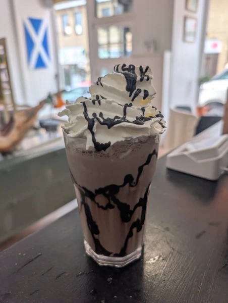 Iced chocolate drink with whipped cream, The Spanish Nook Dunfermline